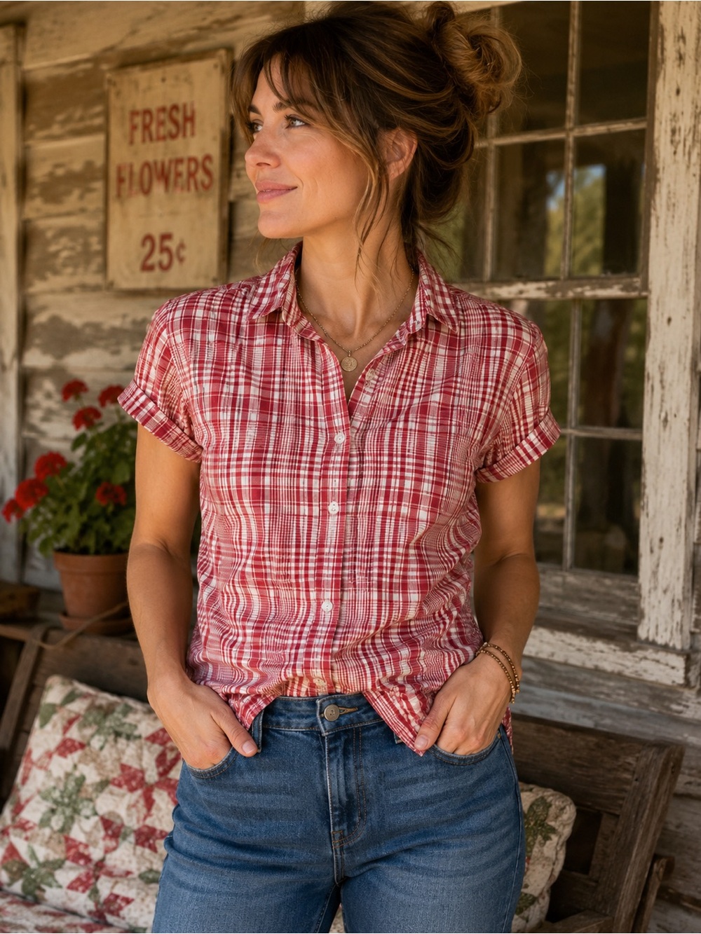 Pendleton Red Plaid Short-Sleeve Button-Down Shirt #1076CL